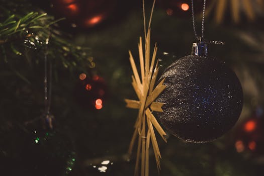 特写镜头中，节日树上的圣诞装饰品闪闪发光，散景温暖柔和