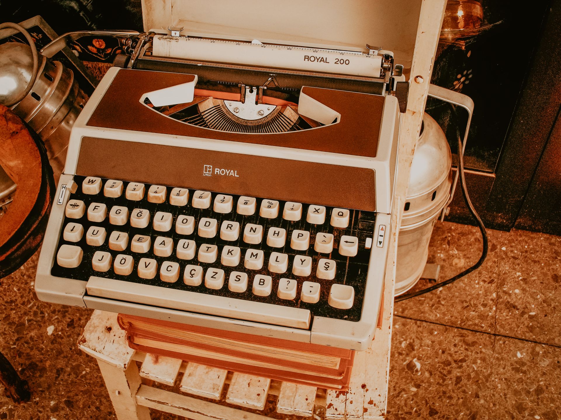 A classic Royal 200 typewriter showing keyboard detail, vintage style.