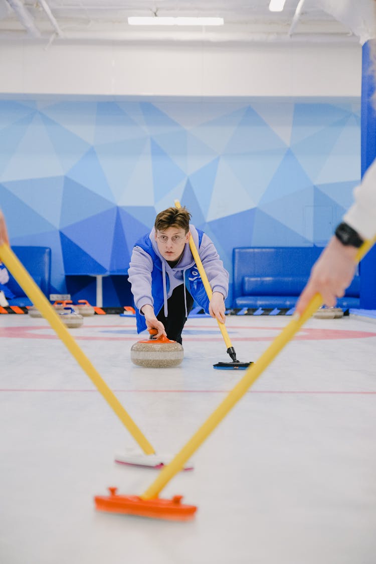 Man Throwing Curling Stone Neat Anonymous Players