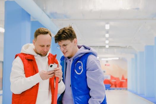 Two friends wearing colorful vests share a moment browsing a smartphone indoors with bright lighting.