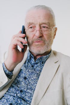 Portrait of a senior Caucasian man with eyeglasses talking on a smartphone indoors.