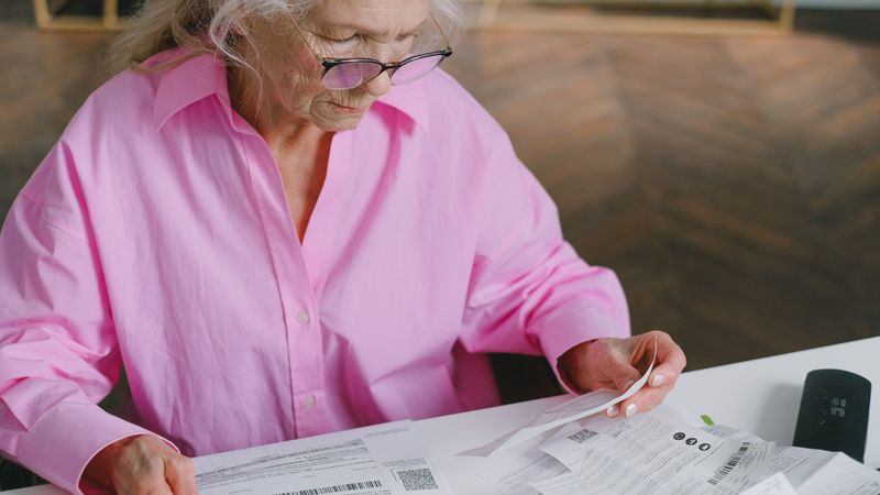 Elderly woman in pink blouse reading documents at a table indoors.