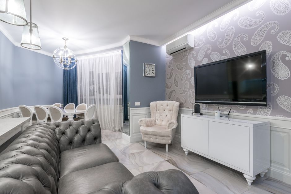 Modern luxury apartment screening room with plush seating - luxury apartments movie theater Modern luxury apartment screening room with plush seating - luxury apartments movie theater