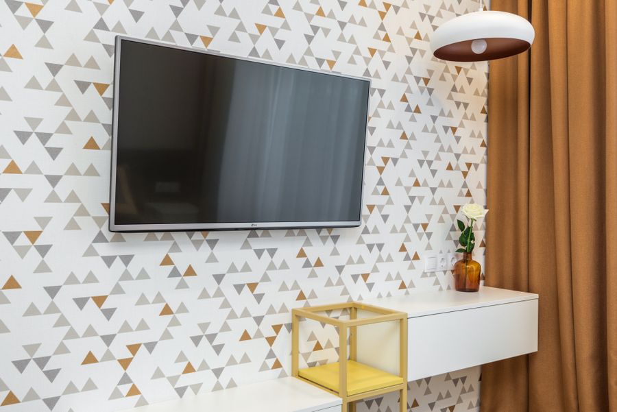 Wall-mounted television in a finished living room