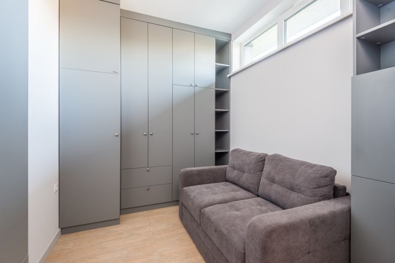 Sleek and modern apartment interior featuring grey wardrobe and sofa, ideal for space-saving living.