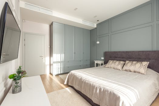 Bright modern bedroom with minimalistic design and stylish furniture.