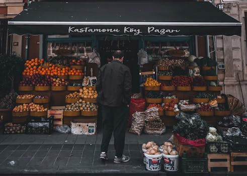 Vibrant fruit and vegetable stall in Üsküdar's Kastamonu Village Market, Istanbul.
