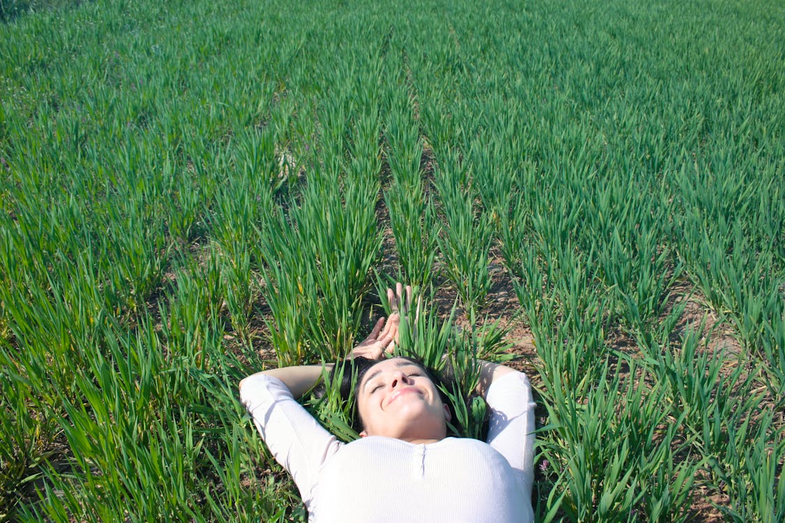 Free Woman Laying on Field of Green Grass Stock Photo