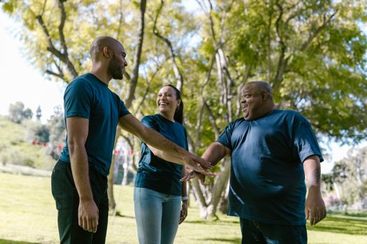 Group of diverse adults enjoying a team building exercise in a sunlit park.