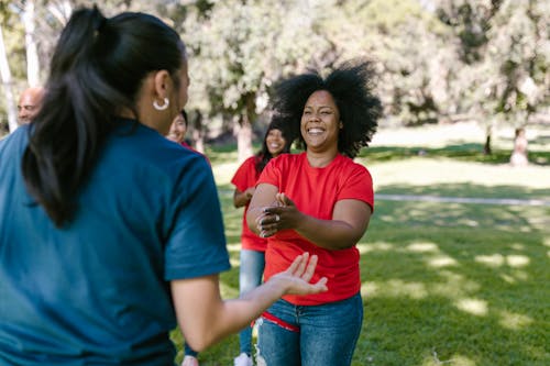 Happy Woman in Red Crew Neck T-shirt 