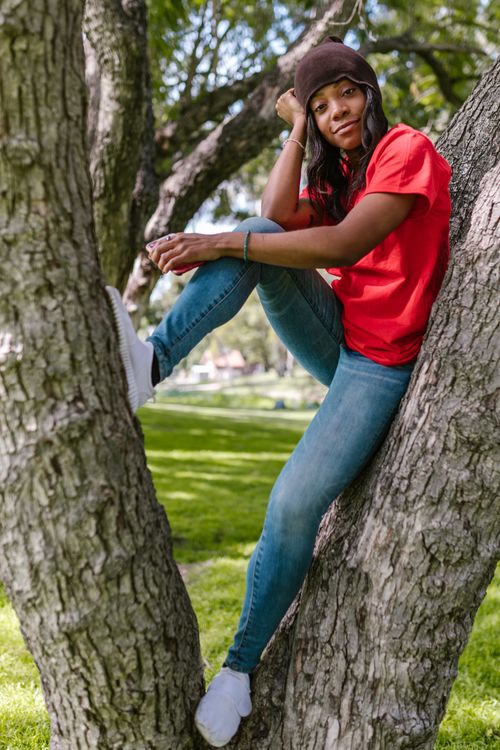 Free A young woman in a red shirt enjoys leisure time, sitting in a tree in a sunlit summer park. Stock Photo
