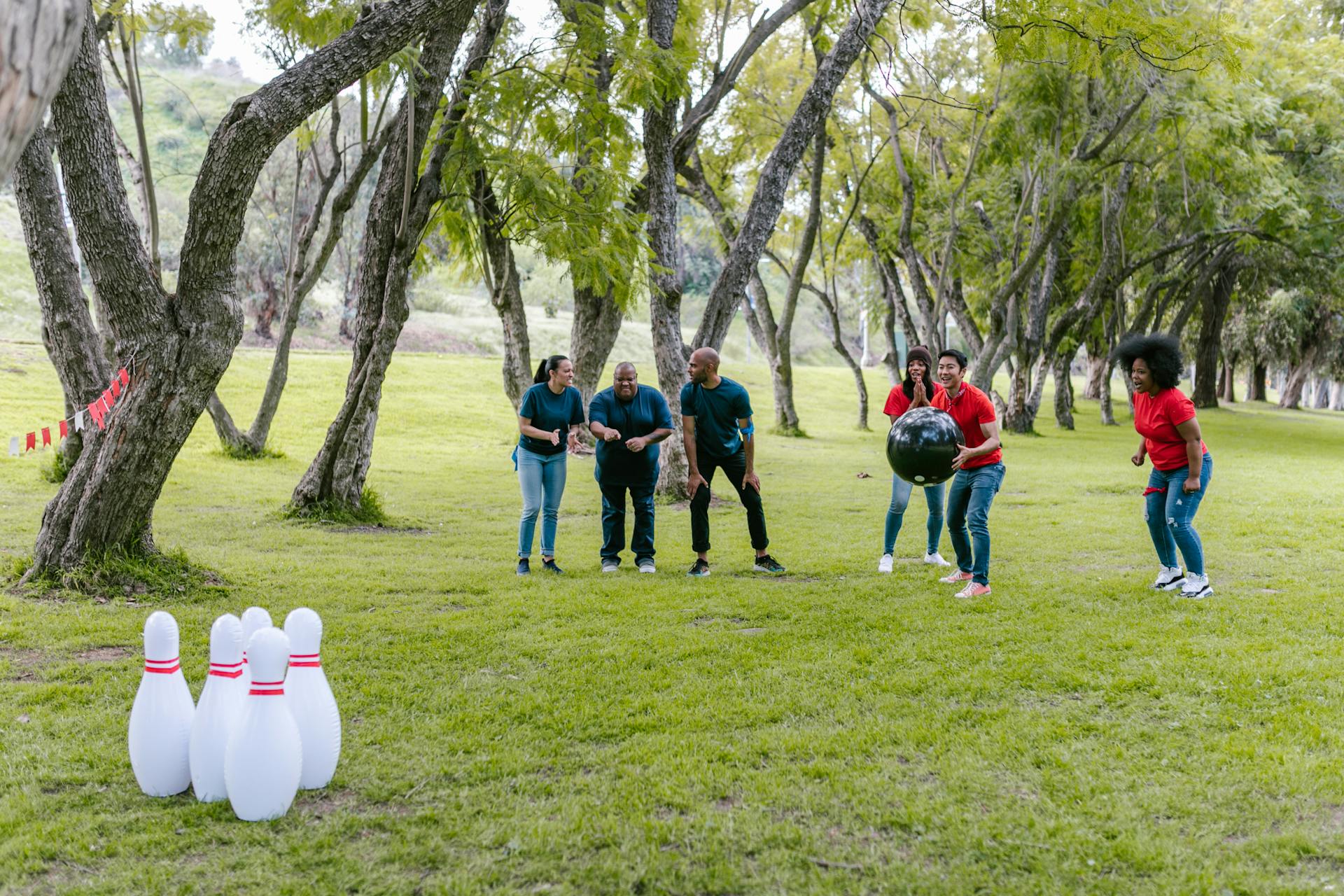 People Standing on Green Grass Field Playing Bowling