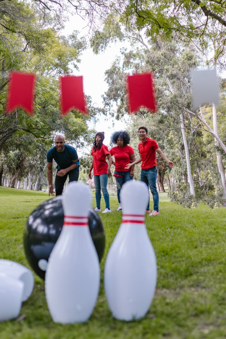 Group Of People Playing Bowling On Grass