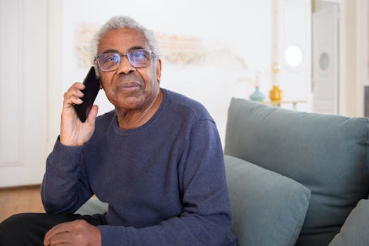 Senior man wearing glasses making a phone call while sitting on a sofa at home.