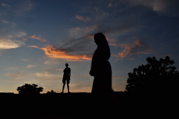 Silhouette Of Man And Woman Standing On The Field During Sunset