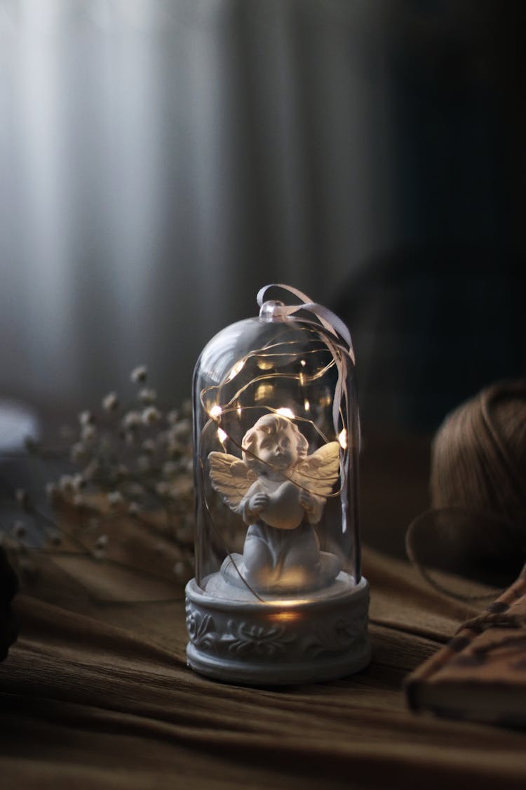 Small Angel Statuette In Glass Case