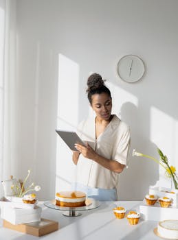 Woman using a tablet in a bright kitchen with stylish cakes and flowers.