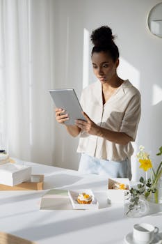 Young woman using a tablet in a bright kitchen, managing her small bakery business and orders.