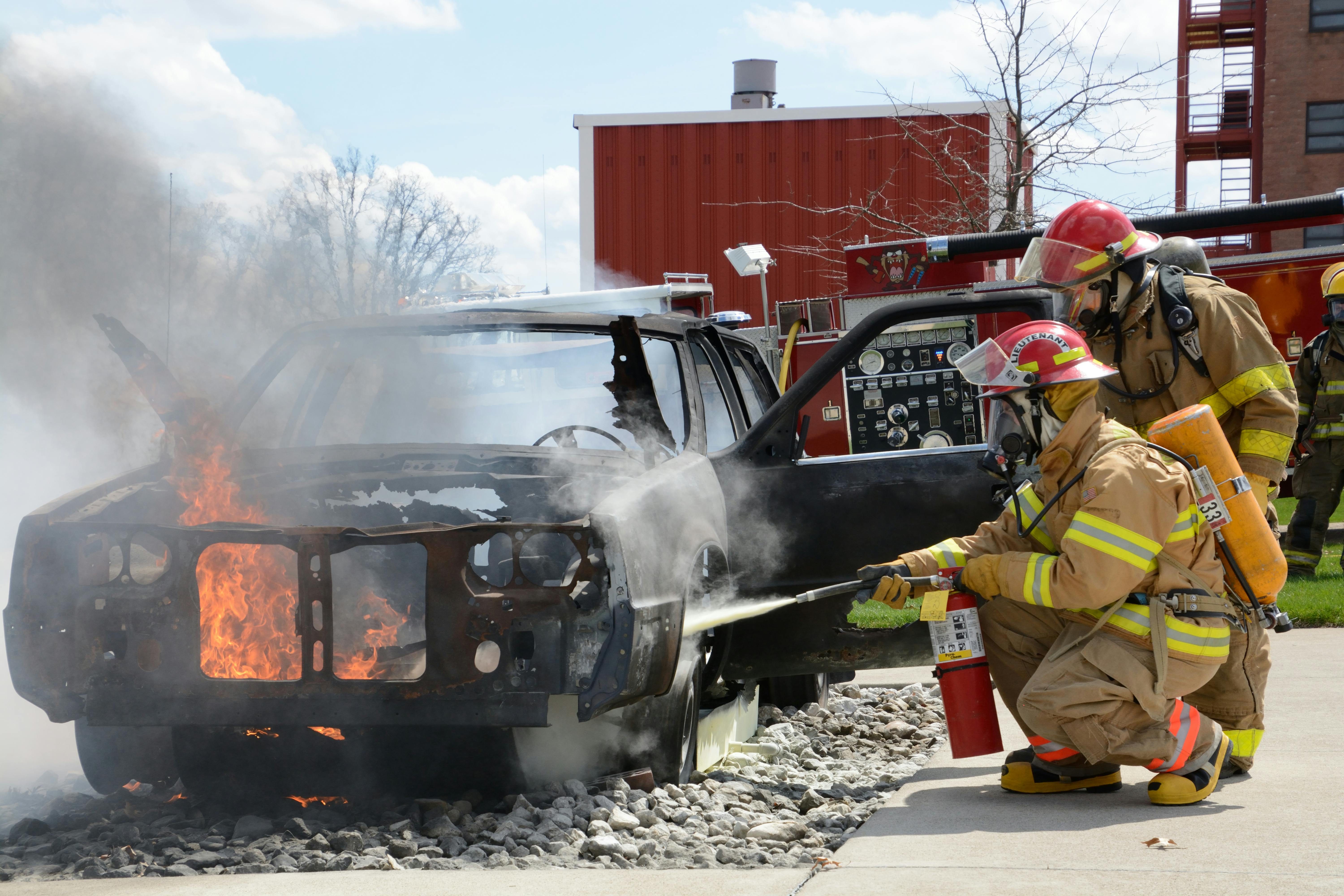 Free stock photo of car fire, fire, firefighter