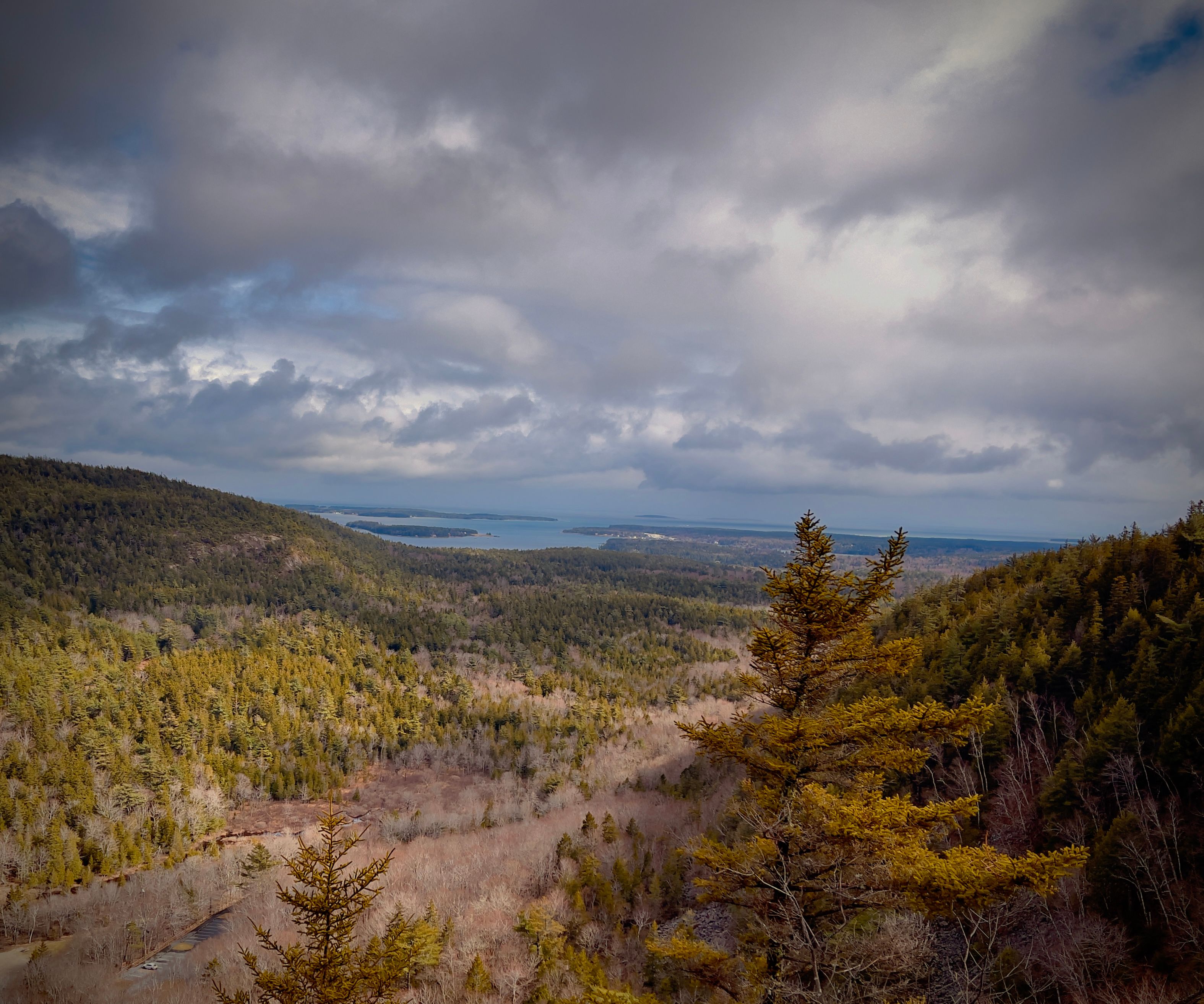 Breathtaking landscape of mountain range covered with dry grass and green plants near sea against dramatic cloudy sky