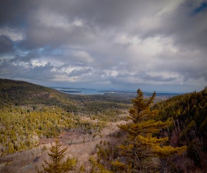 Breathtaking landscape of mountain range covered with dry grass and green plants near sea against dramatic cloudy sky