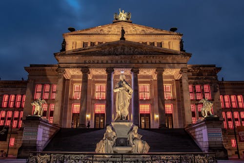 Facade of Concert Hall at Night in Berlin, Germany