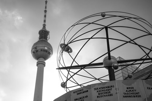 Free Striking black and white view of Berlin's iconic TV Tower and Urania World Clock. Stock Photo