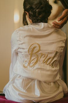A back view of a bride getting ready, wearing a robe with 'Bride' embroidered, indoors.