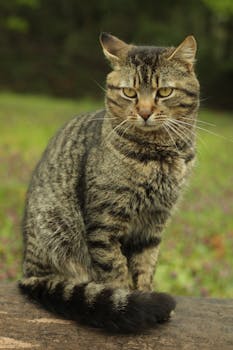 Beautiful tabby cat sitting outdoors with a lush green background.