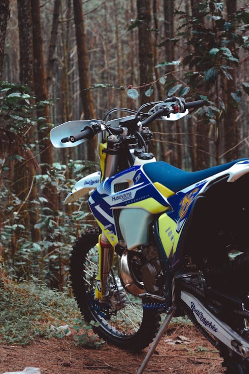 Blue Motorbike Parked Near the Woods