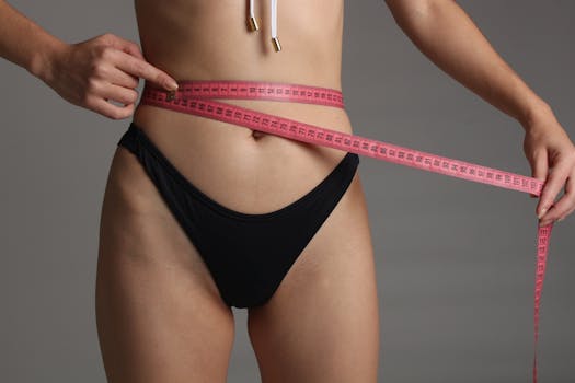 Close-up of a woman measuring her waist with a pink tape, symbolizing fitness and health.