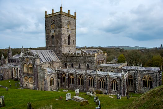 A stunning aerial view of the historic St Davids Cathedral, a famous landmark in Wales.