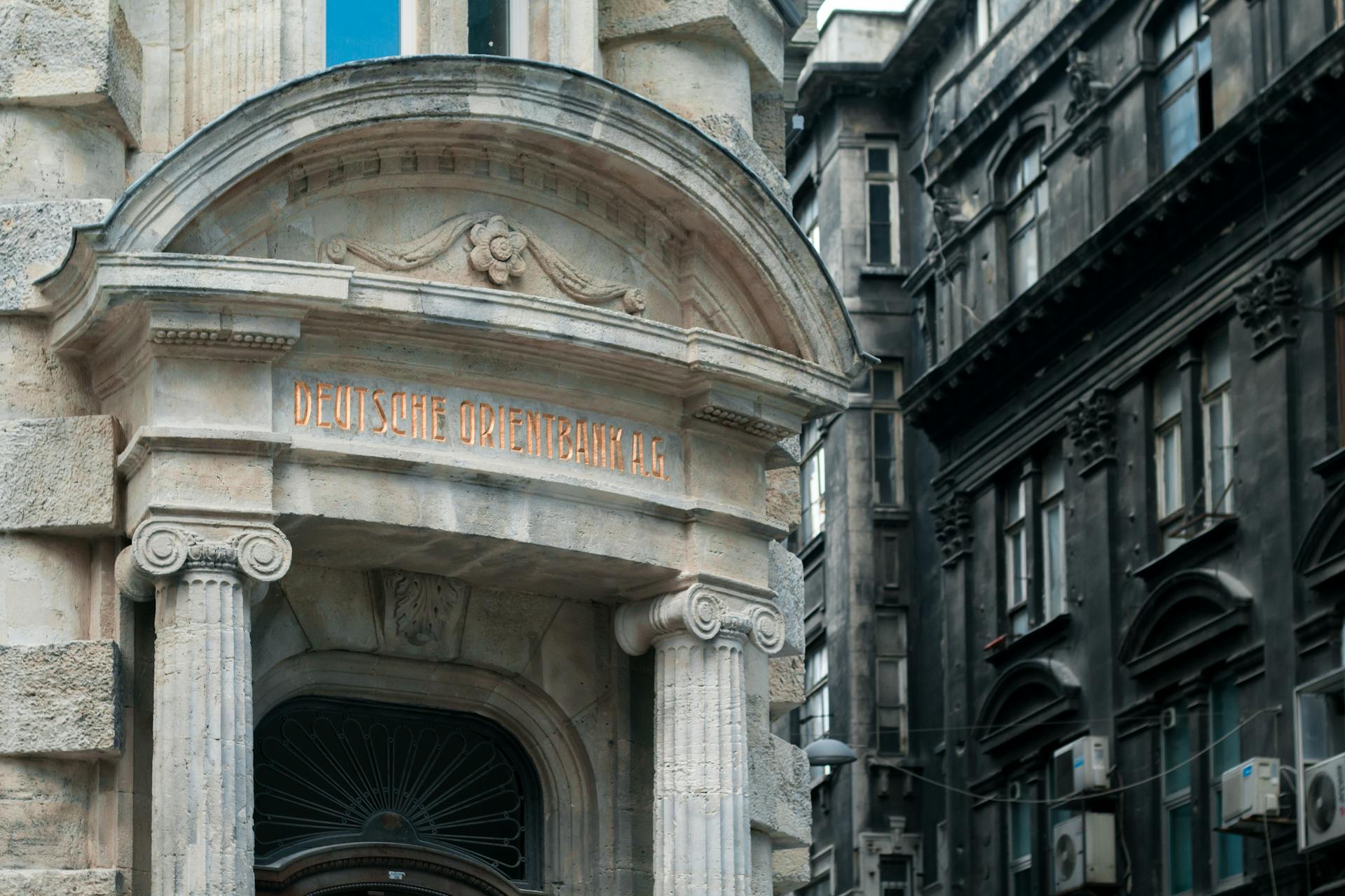 Bank in classic building on street