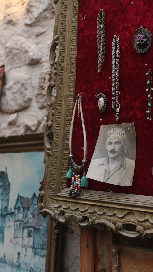 Photo of man and retro pendants on decorative frame