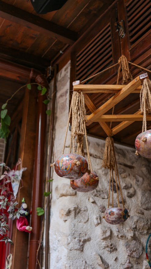 House with retro lamps with ornament and ropes on wooden beams against climbing plant leaves on wall
