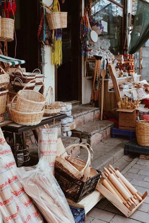 Wicker baskets and kitchen utensils in market