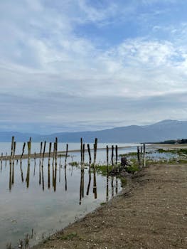 Calm lake with mountains in the background and reflective waters under a cloudy sky.