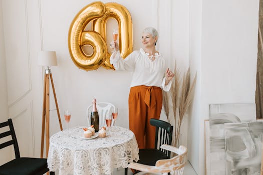 A stylish senior woman celebrates her 60th birthday with champagne indoors.