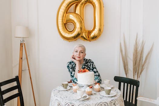 Senior woman celebrating her 60th birthday with cake, balloons, and tea indoors.