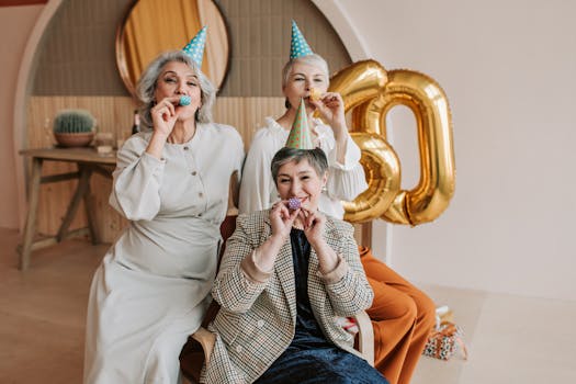 Three elderly women celebrating a 60th birthday indoors, enjoying party festivities.