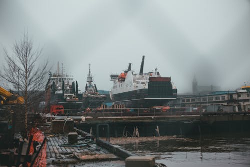 Industrial port with various vessels