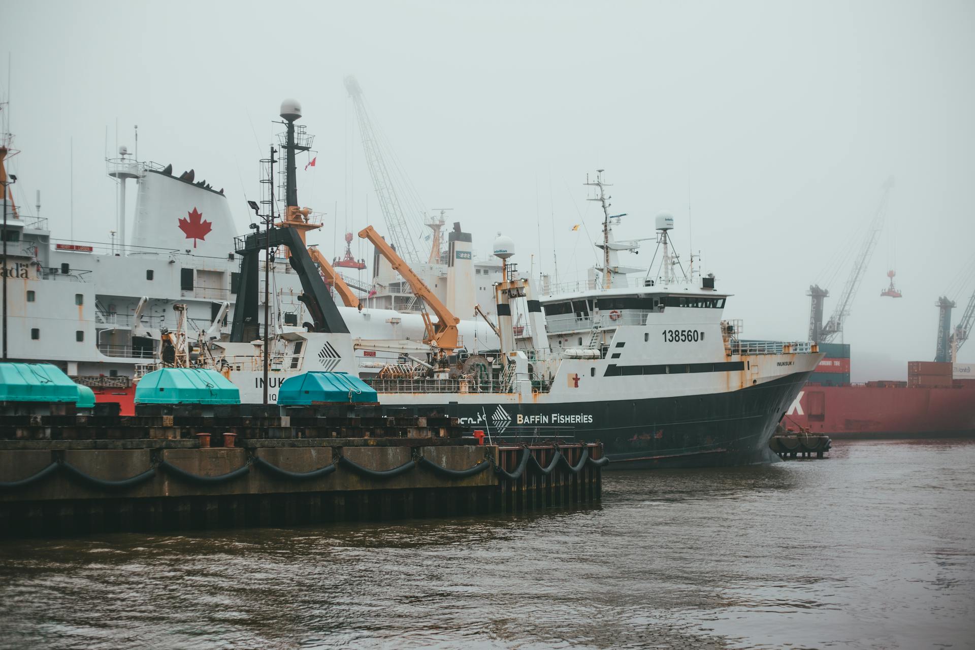 Cargo ships docked at an industrial harbor under overcast weather, showcasing maritime activity.