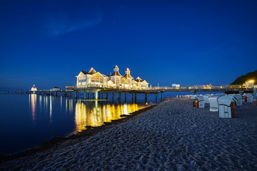 Illuminated Sellin Pier on Baltic Seaside at Dusk