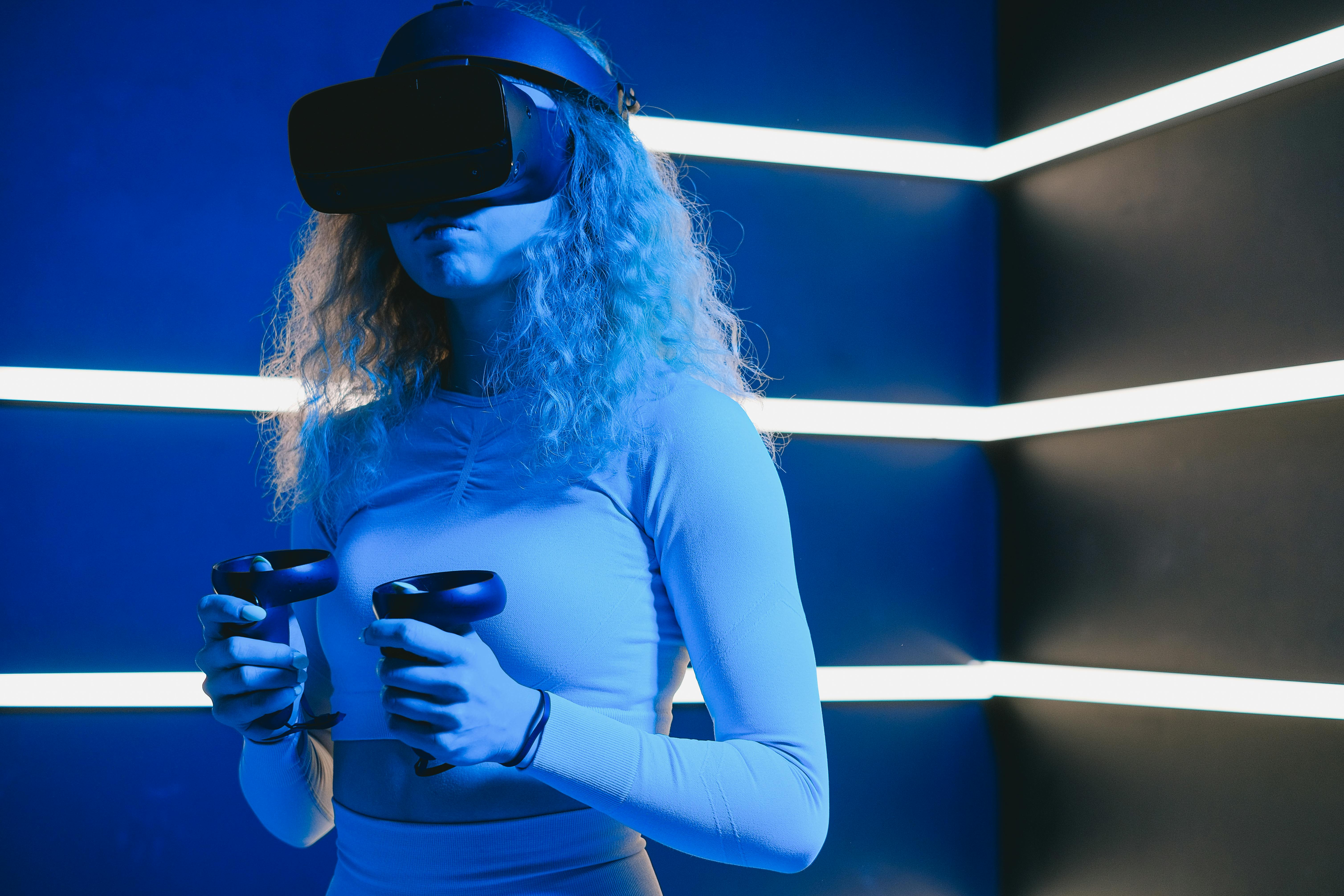 woman in vr glasses in light room