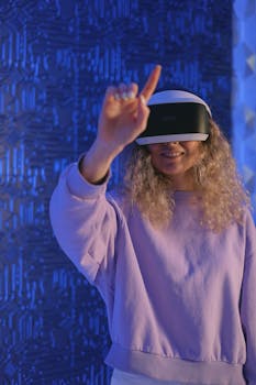 A woman wearing a VR headset interacts with a virtual environment indoors.
