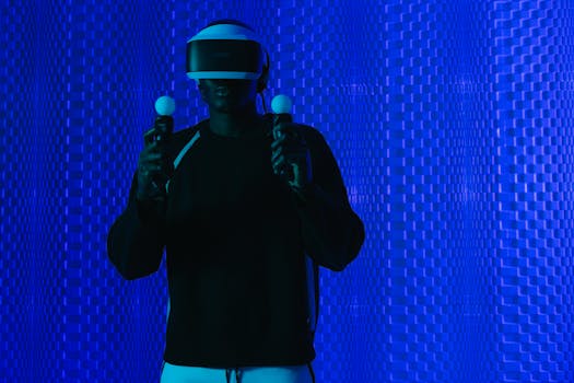 A man engaging in virtual reality gaming with VR headset and controllers, set in a futuristic blue atmosphere.