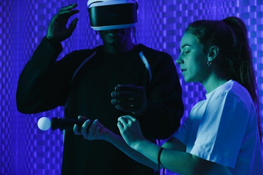 Man and woman interacting with VR technology in a neon-lit room.