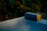 池畔宁静的风景，日落倒影和郁郁葱葱的绿植