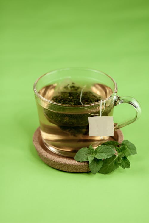 Glass cup of hot green tea with mint placed on cup holder on light green background