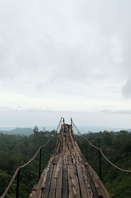 Brown Wooden Bridge over Green Mountains